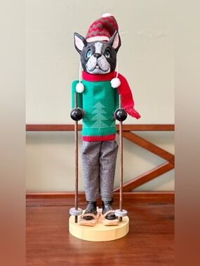 Holiday Skiing Boston Terrier Figurine in Green & Red Sweater